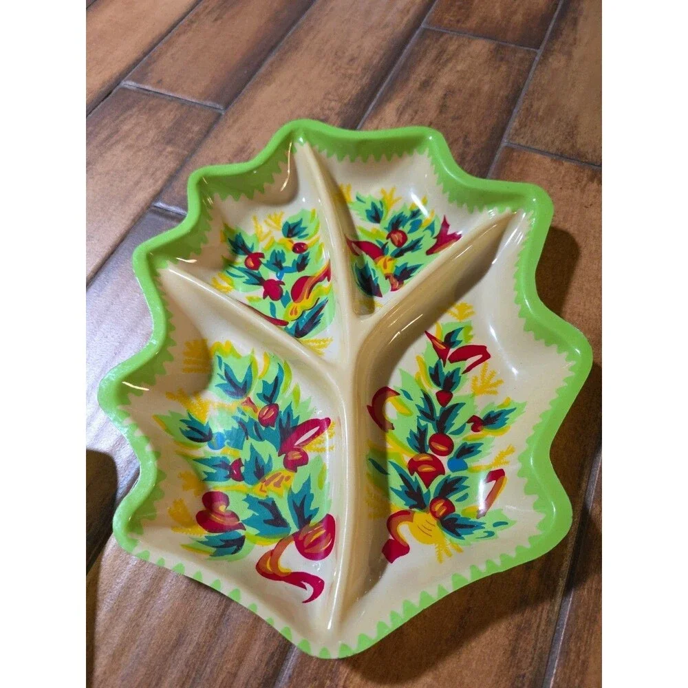 Vintage Leaf Molded Plastic Christmas Serving Tray Platter Divided